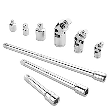 ValueMax VALUEMAX 9 PCS Socket Accessory Set Includes 38 Drive Extension Bar Set 14 38 12 Drive Universal Joints and Adapters Chrome Vanadium Steel with Mirror Finish Chrome Plated