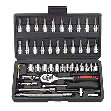 FLZOSPER 46Piece 14inch Screwdriver Drive Socket Bit Set Combination with Reversible Ratchet Wrench Tools Kit for Auto Repairing Household with Storage Case Dark Grey Box
