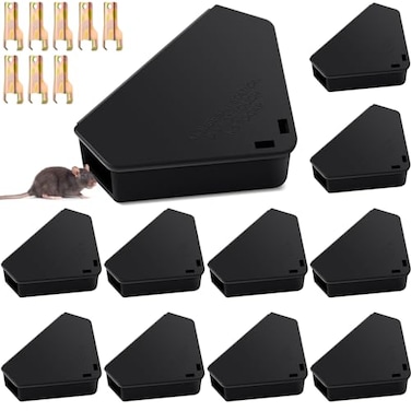 Qualirey 12 Pcs Mice Station with Key Triangle Mouse Station Lockable Reusable Bait Box Enclosed Design for Indoor and Outdoor Use Suitable for Small Mice Black