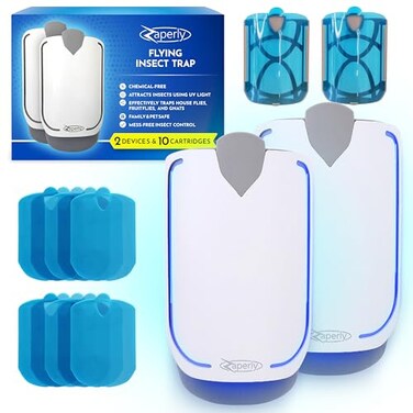 Zaperly 2 Fruit Fly Traps 10 Adhesive Cartridges Indoor Plugin Bug Catcher UV Light Fly Trap Captures Fruit Flies Gnats Houseflies Moths and Flying Insects for Kitchen Bathroom Plant Areas