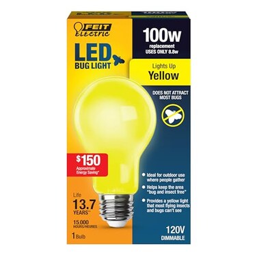 Feit Electric A19 Outdoor LED Bug Light 100Watt Equivalent Dimmable LED Light Bulb E26 Medium Base 800 Lumens 120V 13 Years Lifetime Yellow Pack of 1 A19100BUGLED