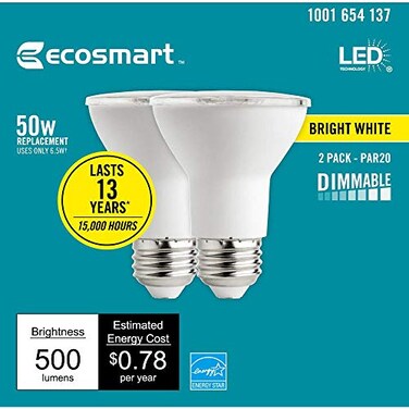 EcoSmart 50Watt Equivalent PAR20 Dimmable Energy Star LED Light Bulb Bright White 2Pack