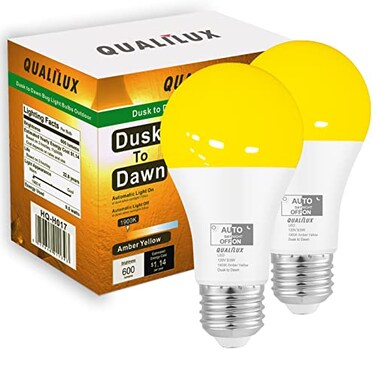Qualilux Dusk to Dawn A19 LED Bug Light Bulbs Outdoor 1900K Amber Yellow 600 Lumen LED 95W E26 2Pack HQH017