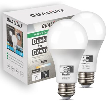 Qualilux Dusk to Dawn A19 LED Light Bulbs 850LM 60W Equivalent Daylight EnergyEfficient 95W A19 E26 Base 2Pack HQH011
