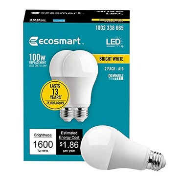 Ecosmart 8Pack EcoSmart LED Dimmable 100Watt Bright White Light Bulb A19 1680Lumen 3000K E26 Base