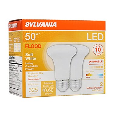 LEDVANCE SYLVANIA LED Flood R20 Light Bulb 50W5W 10 Year 325 Lumens E26 Medium Base Dimmable 2700K Soft White 2 Pack 73993