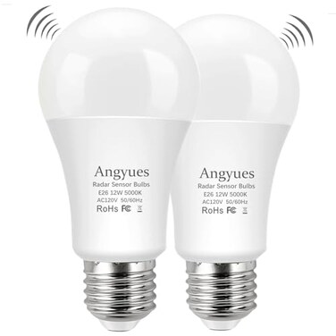 Angyues Radar Motion Sensor Light Bulb Adjustable Detection Range 12W 100 Watt Equivalent A19 Motion Sensing Outdoor Bulb AutoActivated Dusk to Dawn LED Bulb Daylight 5000K E26 1100LM 2Pack