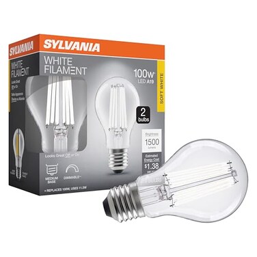 LEDVANCE Sylvania A19 Clear LED White Filament Bulb 115W Dimmable 1500 LMS Medium Base 2700K Soft White 2 Pack 42172