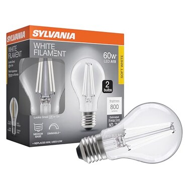 LEDVANCE Sylvania A19 Clear LED White Filament Bulb 65W Dimmable 800 LMS Medium Base 2700K Soft White 2 Pack 42170