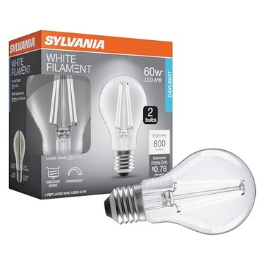 LEDVANCE Sylvania A19 Clear LED White Filament Bulb 65W Dimmable 800 LMS Medium Base 5000K Daylight 2 Pack 42171
