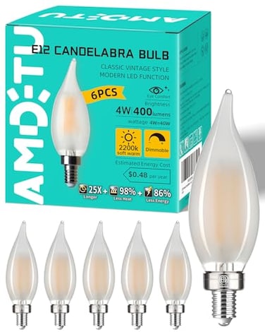 AMDTU E12 Type C 2200k 40 Watt Equivalent Frosted LED Bulb Candelabra Candle Dimmable Small Base Chandelier Light Ideal for Dining Rooms Living Rooms and bedrooms Long Lasting Light for Cozy Settings