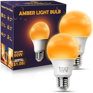 DALUXshop Amber Sleep Light Bulbs Blue Light Blocking A19 9W60 Watt Equivalent Dim Light Bulbs for Lamp 1800K Warm Light Bulb E26 for Healthy Sleep Bedroom Kids Room 430X235X235 Inch 2 Pack