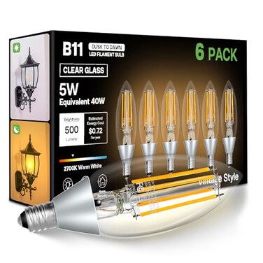 Eastiya Dusk to Dawn Outdoor LED Light Bulb 5W Equivalent 40W Candelabra B11 Light Bulb 2700K Soft White Edison LED Bulbs E12 Base Lighting Sensor Auto OnOff for Porch Patio Garage 6 Pack