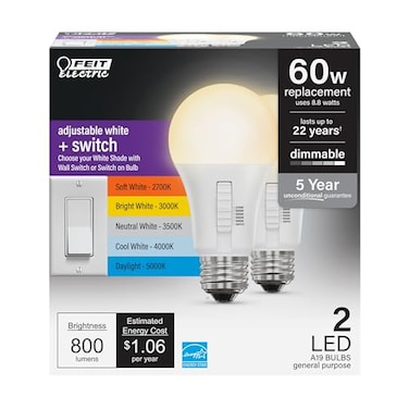 Feit Electric A19 LED Light Bulb 60W Equivalent Dimmable Color Selectable 6Way 5CCT E26 Medium Base 90 CRI 800 Lumens 22Year Lifetime Damp Rated Lightbulb OM60DM6WYCA2 2 Bulbs