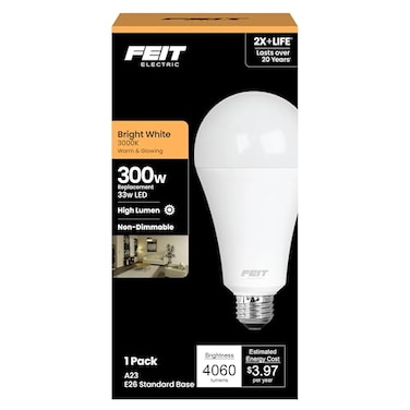 Feit Electric A23 LED Light Bulb 300W Equivalent NonDimmable 4060 Lumens E26 Standard Base 3000k Bright White High Output LED Bulb Damp Rated 22 Year Lifetime OM300830LED