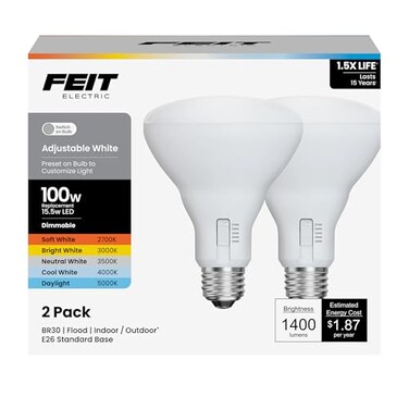 Feit Electric BR30 LED Light Bulb 100W Equivalent Dimmable 5CCT E26 Medium Base 90 CRI 1400 Lumens Adjustable White 155 Years Lifetime 2 Pack BR30100DM5CCTCA15K2