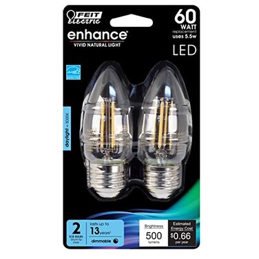 Feit Electric LED Chandelier Bulbs 60W Equivalent E26 Medium Screw Base Filament 5000K Daylight500 Lumens 2 Bulbs BPETC60950CAFIL2RP