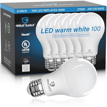 Great Eagle A19 LED Light Bulbs 100 Watt Equivalent UL Listed Warm White 2700K LED Light Bulbs 15W NonDimmable 1500 Lumens 6 Pack