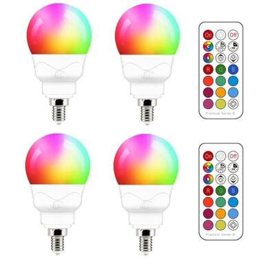ILC E12 LED Light Bulbs 40w Equivalent 5W Color Changing RGB 5700K Daylight White Small Base Candelabra Round Light Bulb A15 Candle Base 12 Colors 2 Modes Timing with Remote Control 4 Pack