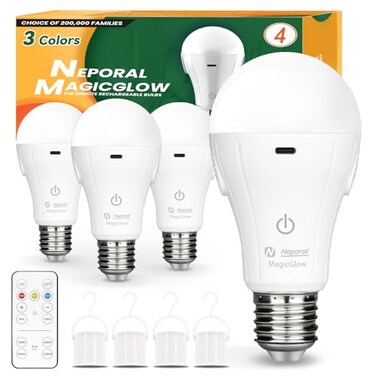 Neporal MagicGlow Rechargeable Light Bulbs with Remote 3 Colors Shift Stepless Dimmable Battery Powered LED Bulbs USB Rechargeable A19 Emergency LED Light Bulbs 15W Up to 24 Hours