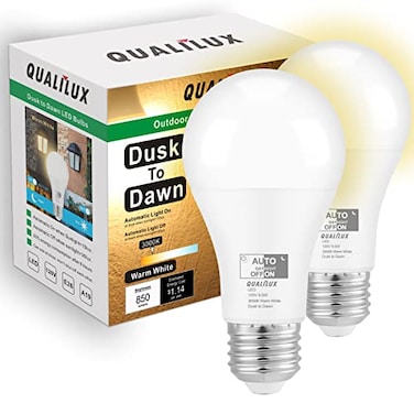 Qualilux Dusk to Dawn A19 LED Light Bulbs Outdoor Automatic OnOff 60W Equivalent Warm White 3000K Energy Efficient 95W 850 Lumen E26 Base 2Pack HQH007