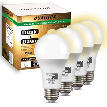 Qualilux Dusk to Dawn A19 LED Light Bulbs Outdoor Automatic OnOff 60W Equivalent Warm White 3000K Energy Efficient 95W 850 Lumen E26 Base 4Pack HQH009