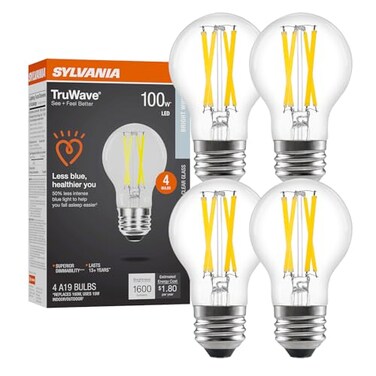LEDVANCE Sylvania LED TruWave Natural Series A19 Light Bulb 100W Equivalent Efficient 15W 1600 Lumens Medium Base Dimmable Clear 3500K Bright White 4 Pack 42274