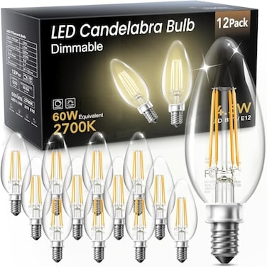 TJOY LED Candelabra Bulbs Dimmable 60W Equivalent Chandelier Light Bulb E12 Small Base 45W 2700K Soft Warm White B11 Vintage Filament Clear Glass Candle Light for Ceiling Fan Chandeliers 12Pack