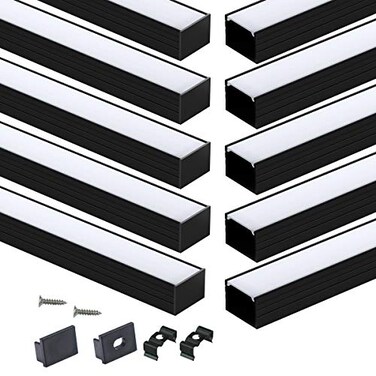 Muzata 10Pack 66FT2M PlusSize Spotless LED Channel Black LED Strip Diffuser Channel with Milky Frosted White Diffuser Cover U103 BW 2M