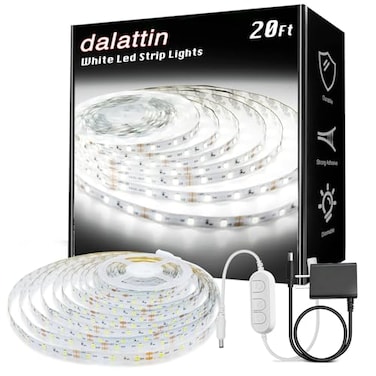 dalattin White LED Strip Lights 20ft Dimmable Super Bright 24V Led Tape Light 6500K 360 LEDs Lights for Bedrooms Mirror Kitchen Home Decoration Daylight White