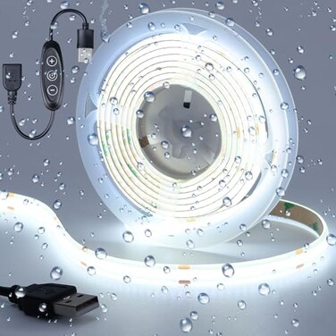 KXZM DC 5V USB COB LED Strip Light Cool White 6000K Dimmable IP65 Waterproof CRI 93 USB Powered 66ft2M 640LEDs with Dimmer High Brightness Flexible LED Tape Lights