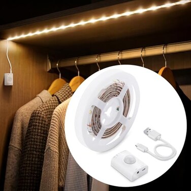 LUXJET Rechargeable Motion Sensor Wardrobe Light 33ft Flexible LED Strip with 30LED PIR and Light Sensor Warm White Night Light for Bedroom Kitchen Wall Closet Cabinet