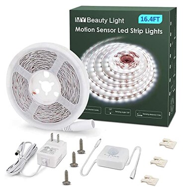 MY BEAUTY LIGHT Motion Activated LED Strip Lights 164ft LED Light Strip with Day or Night 2 Lighting Modes 3 Timing Off Modes Bright White 12v Plugin LED Rope Lights for Under Cabinet Kitchen