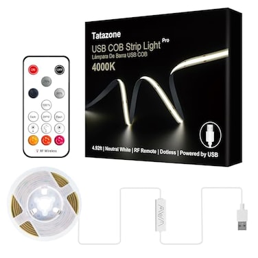 Tatazone 5V USB COB Led Strip Light with RF Remote 492ft Dimmable 4000K CRI93 USB Powered COB Led Light Strip Indoor COB Led Light for Cabinet TV Camping Monitor Showcase Motorhome