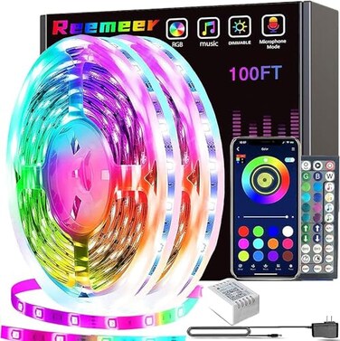 REEMEER Led Lights 100ft Smart APP Control Music Sync Strip Lights RGB Color Changing Strips with Remote for Bedroom Kitchen and Party