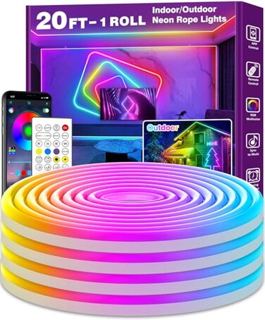 AILBTON 20Ft Neon Rope LightsFlexible Led Rope Lights Control with AppRemoteMultiple Modes Music Sync Gaming RGB Led Neon Lights for Bedroom Outdoor