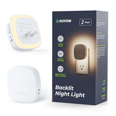 AUVON Plugin LED Backlit Night Light with Motion Sensor Dusk to Dawn Sensor Dimmable Warm White Nightlight with 150 lm Adjustable Brightness for Bathroom Bedroom Hallway Stairs 2 Pack