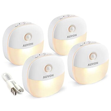 AUVON Rechargeable Battery Night Light Mini with Motion Sensor Warm White LED StickOn Closet Light with Dusk to Dawn Sensor Adjustable Brightness for Wall Stairs Hallway Cabinet 4 Pack