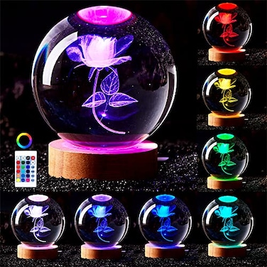 Conalisk 3D Rose Crystal Ball Lamp315 inch Crystal Ball Night Light with Wooden Base16 Colors Changing LightDimmable Remote ControlRose Flower Desk lamp G