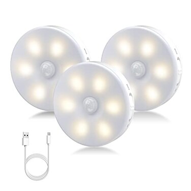 Pluralla Motion Sensor Night Light Indoor Rechargeable Small Led Closet Light Wireless Activated Sensored Smart Cabinet Lights for Under Cabinet Hallway Stairway KitchenWarm White 3Pack