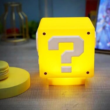 Rehenbsem Super Bro Question Block Night LightQuestion Mark Block Decorate Table Lamp with USB Power Cable Yellow LED Night Lamp Box with Games Gold Coin Sound Effects Party Gift