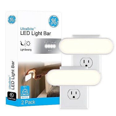 GE Ultrabrite Plug in LED Night Light Bar with OnOffAuto Switch 100 Lumen Soft White Lighting for Hallways and Bedrooms 2Pack 46707P1