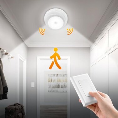 SURAIELEC Battery Ceiling Light with Wall Switch Motion Sensor Light Indoor Wireless Wall Switch Remote 6500K 300LM Battery Powered Ceiling Light for Closet Pantry Laundry and Shed 1Pack