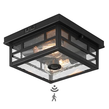 CALOKES Outdoor Flush Mount Motion Sensor Ceiling Light Timeless Industrial Design with Seeded Clear Glass for Your Porch Driveway Covered Patio Farmhouse and Entryway
