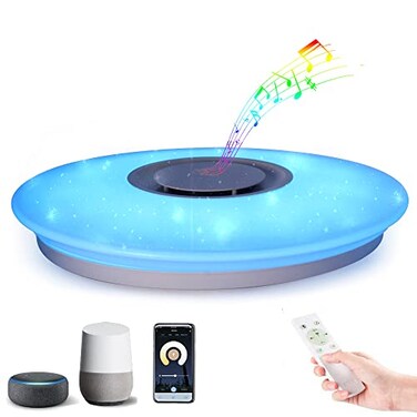HOREVO Upgrade WiFi Music Ceiling Light with Bluetooth Speaker and Remote Control 15 inch Dimmable Ceiling lamp Compatible with Alexa and Google Home 36W RGB Family Party Lights for Bedroom Living Roo