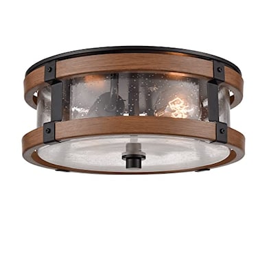 DEYNITE Farmhouse Ceiling Light Fixture 2Light Drum Seeded Glass Shade Ceiling Light in Black Rustic Wood Grain Finish for Hallway Entryway Bedroom