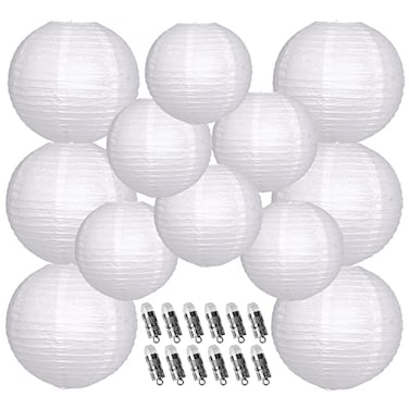 YUNXUAN Paper Lanterns Decorative White Hanging Round Chinese Lanterns with Lights for Wedding Anniversary Birthday Party 12 LED Light Pack of 12