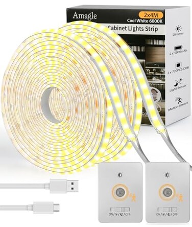 Amagle Under Cabinet Lighting Wireless 2 Pack 5000mAh 13FT COB Motion Sensor Led Light Strips Indoor Rechargeable Battery Powered Motion Activated Stair Shelf Closet Cabinet Counter Led Strip Tape Lig
