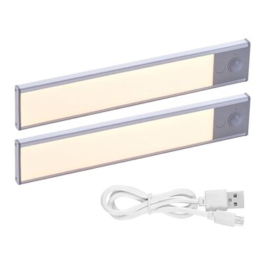 PureOptics LED Rechargeable Under Cabinet Lighting Motion Sensor OnOff Warm White LED StickOn Install for Kitchen Closets 2 Bars