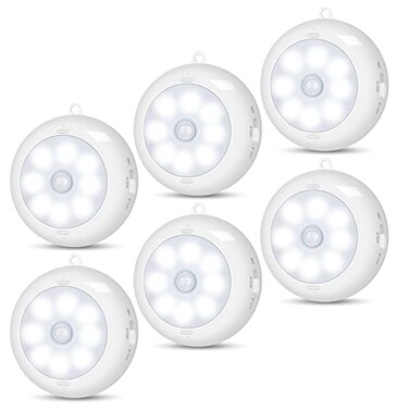 Reoshine Motion Sensor Light Indoor Under Cabinet Light Ceiling Lights AA Battery Operated Stick on Wireless Puck Lights for Wall Step Stair Dimmable 6 Pack